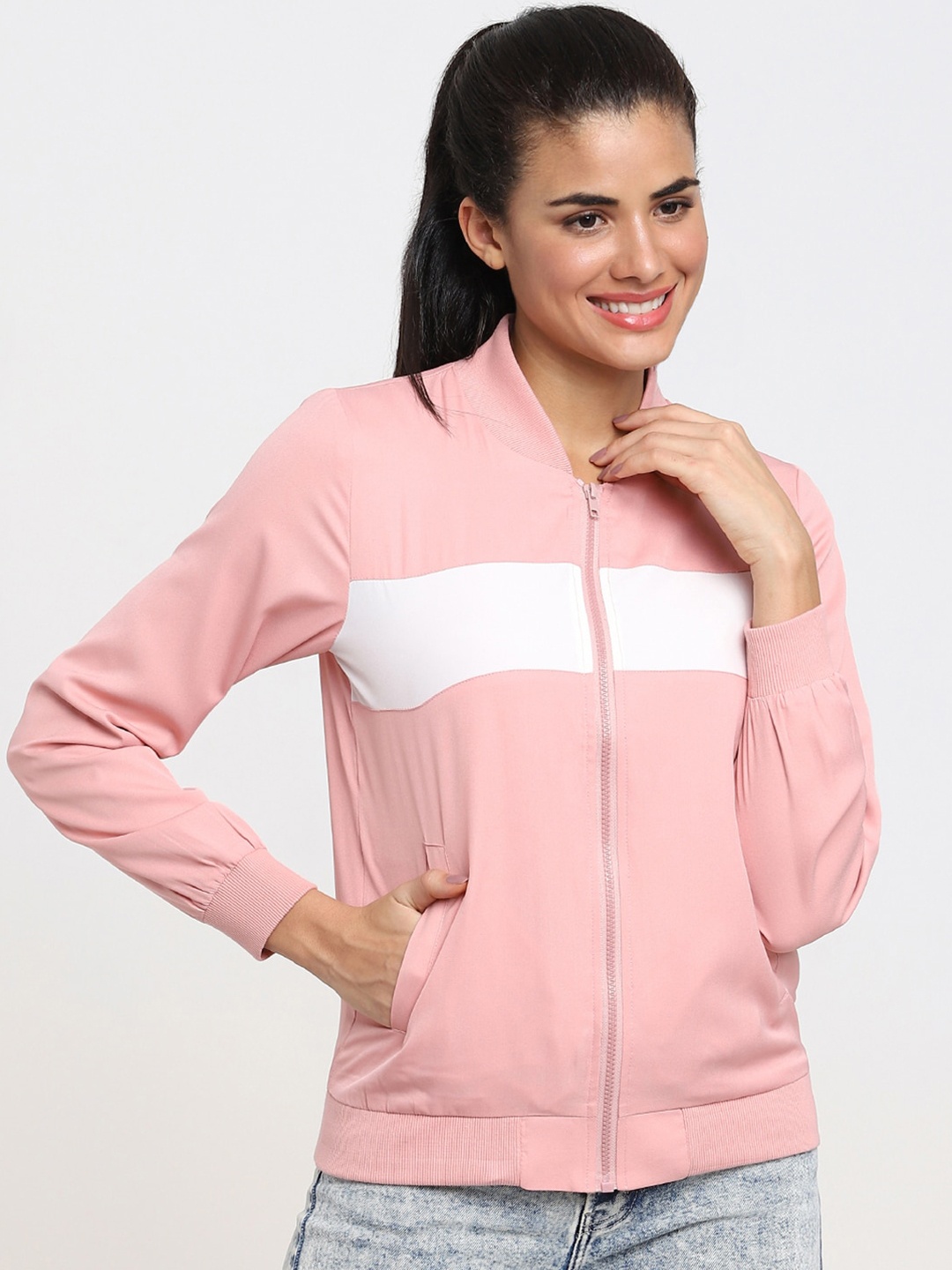 

Bewakoof Women Pink & White Colourblocked Bomber Jacket
