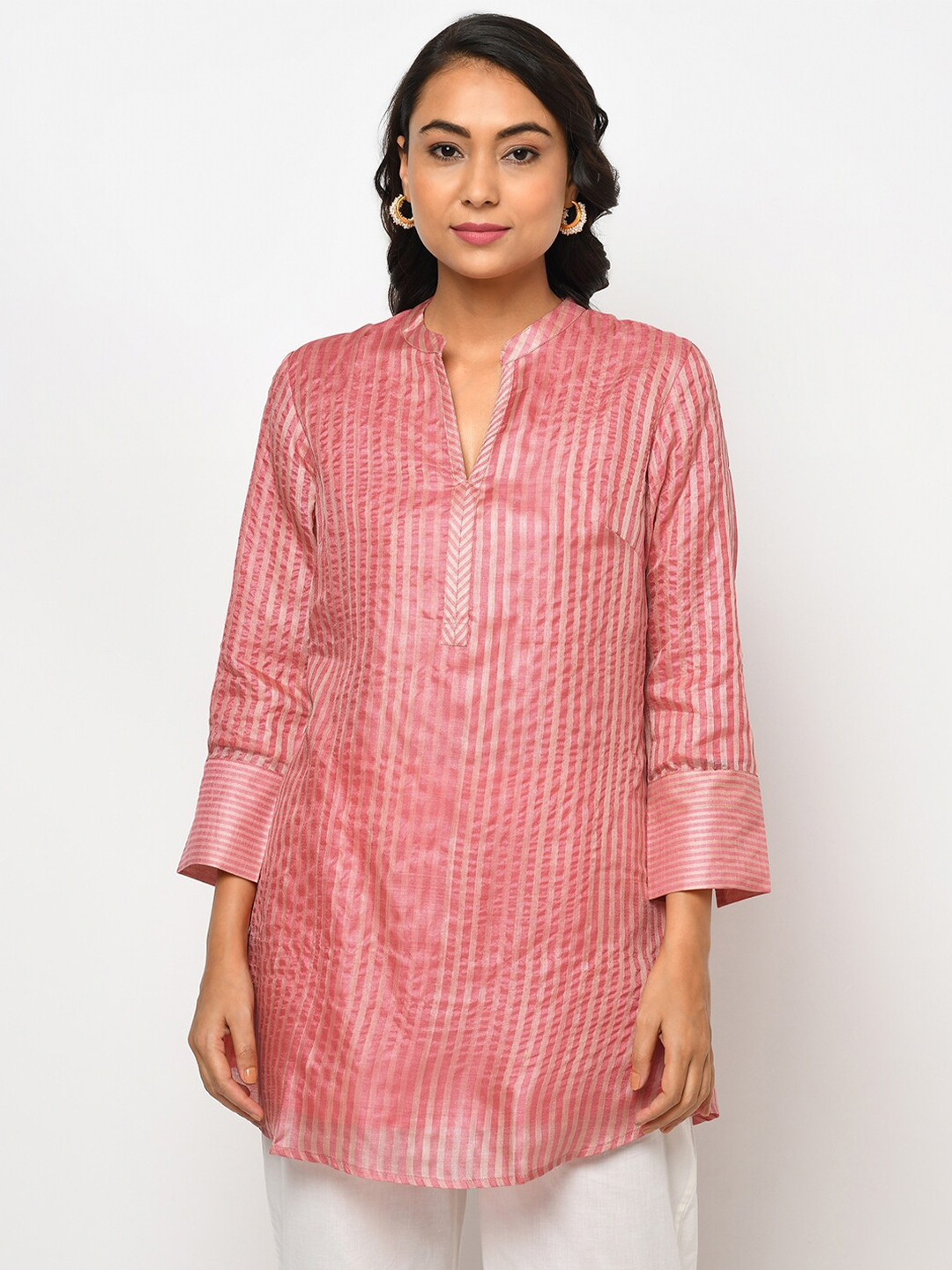 

Fabindia Women Pink Striped Straight Silk Tunic
