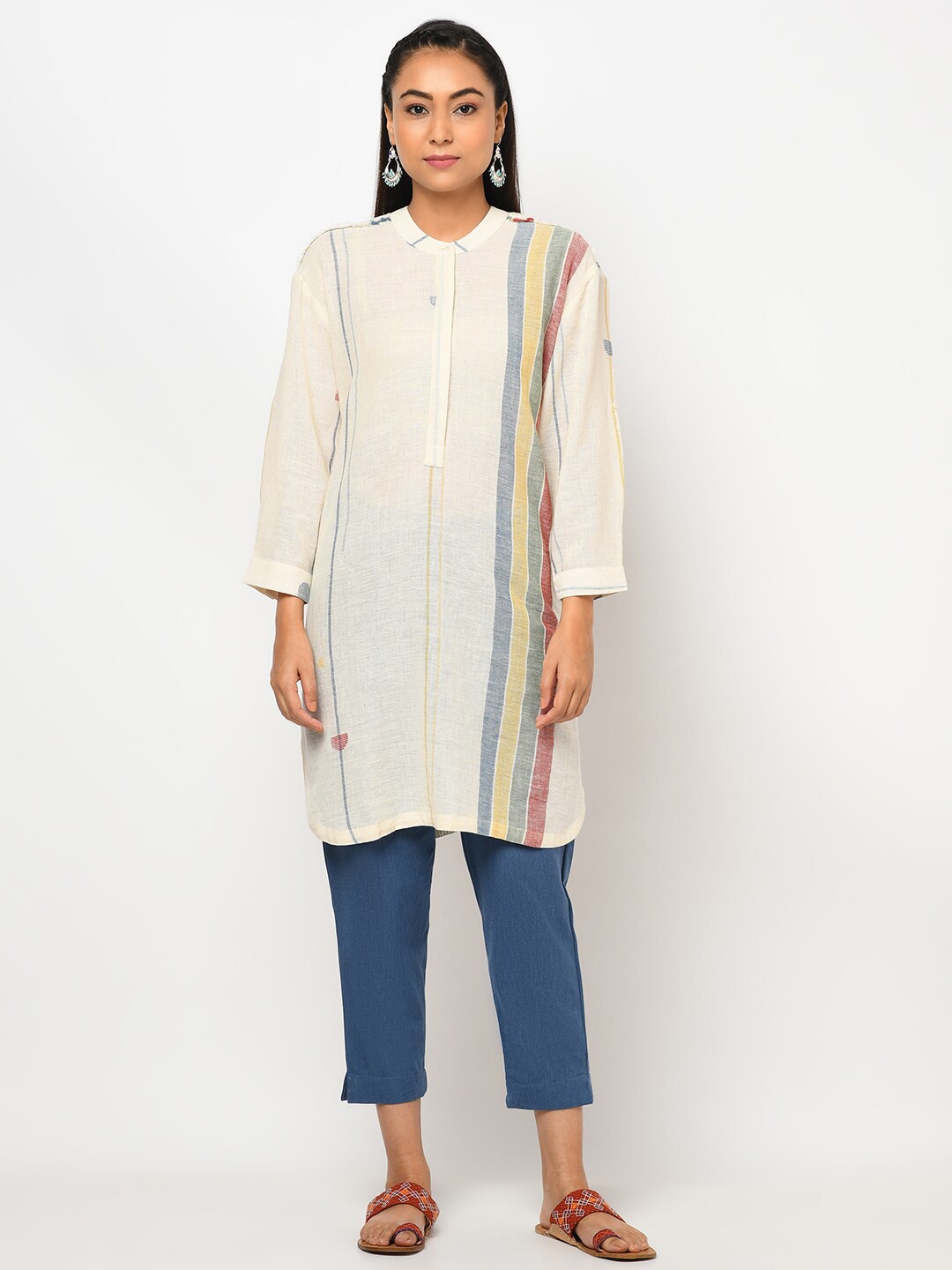 

Fabindia Beige & Grey Mandarin Collar Striped Tunic