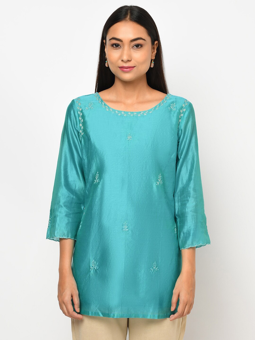 

Fabindia Turquoise Blue Embroidered Cotton Silk Tunic