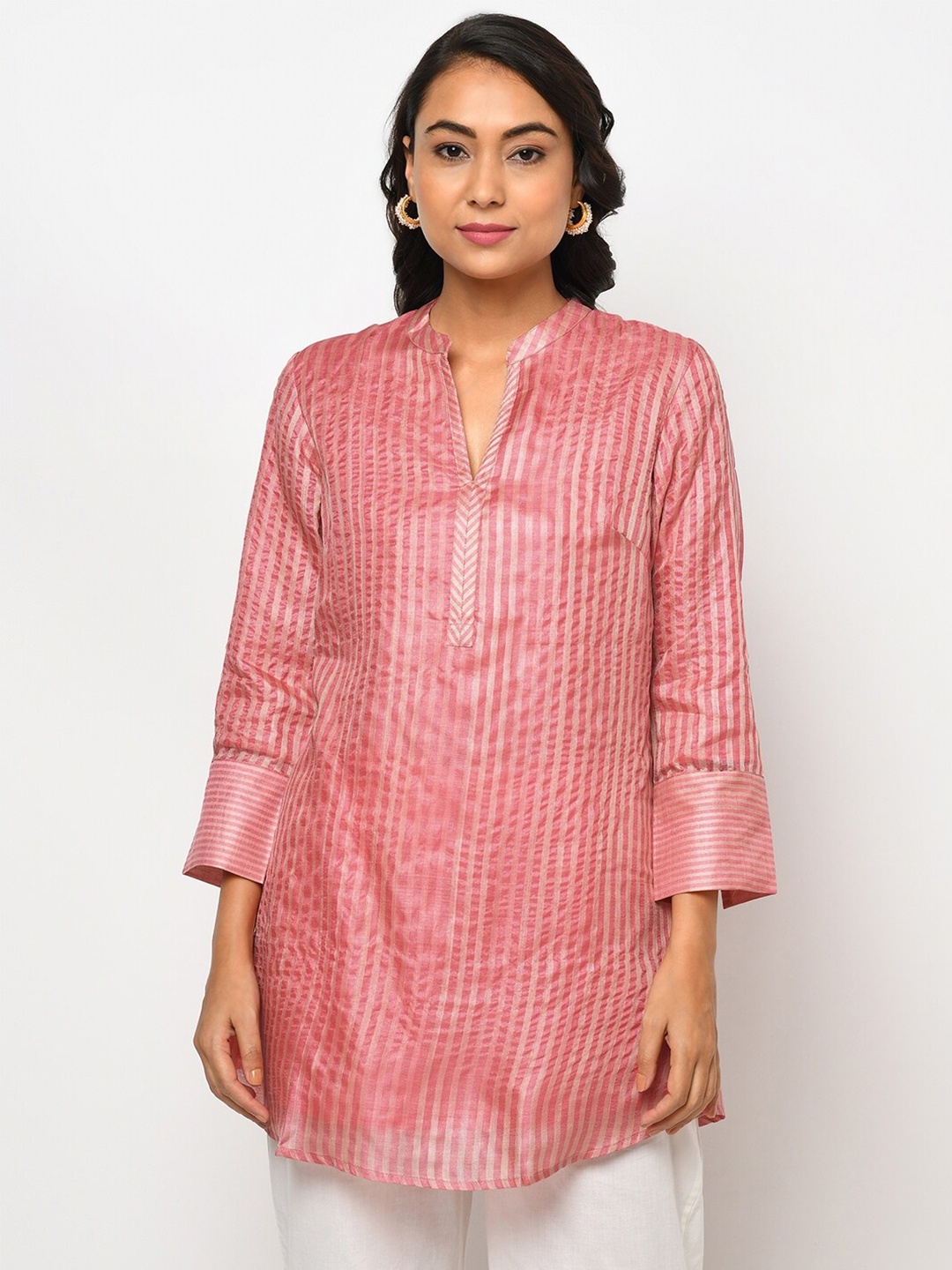 

Fabindia Pink Mandarin Collar Striped Silk Tunic