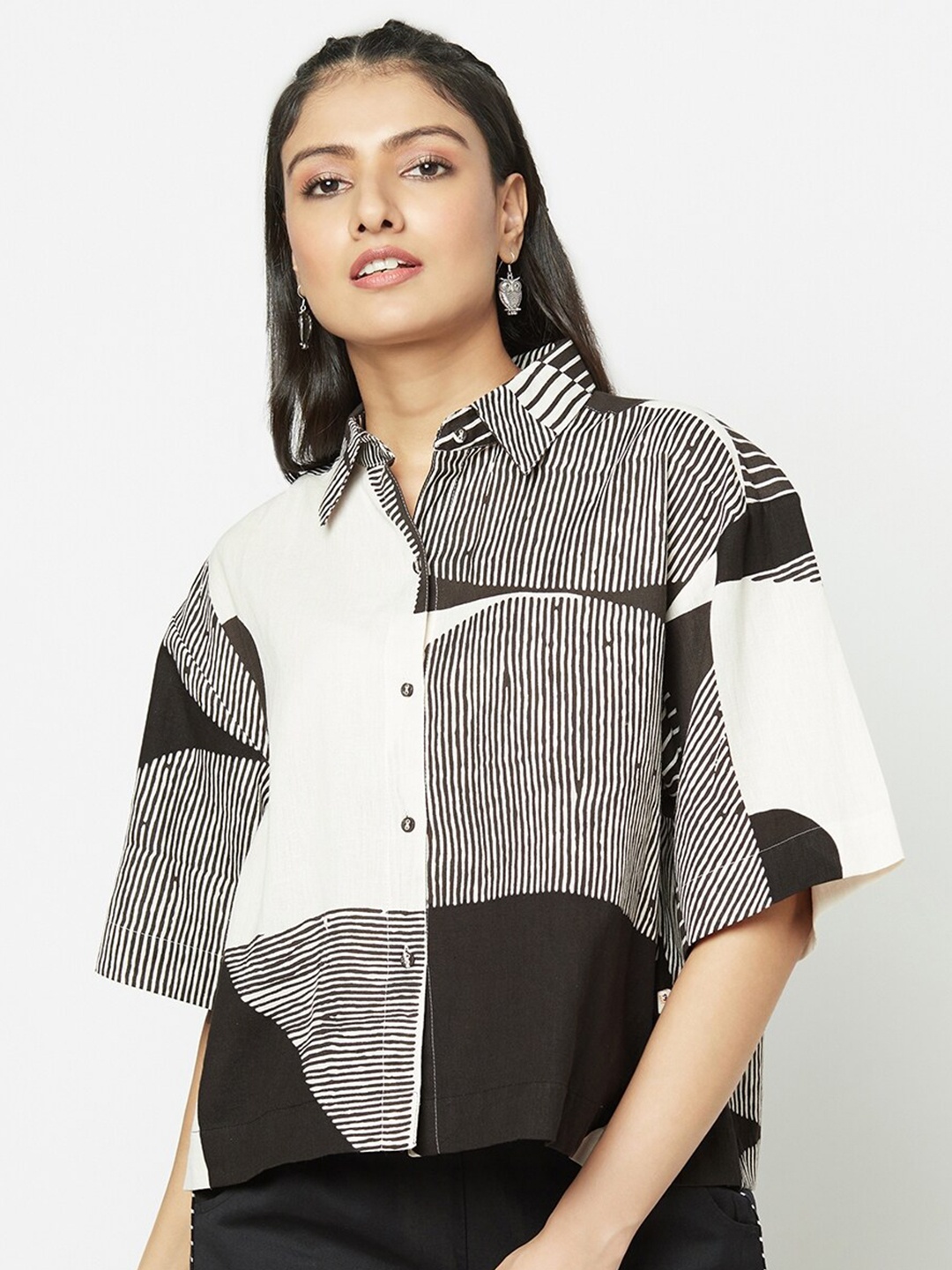 

Fabindia Women Black & White Opaque Striped Linen Casual Shirt