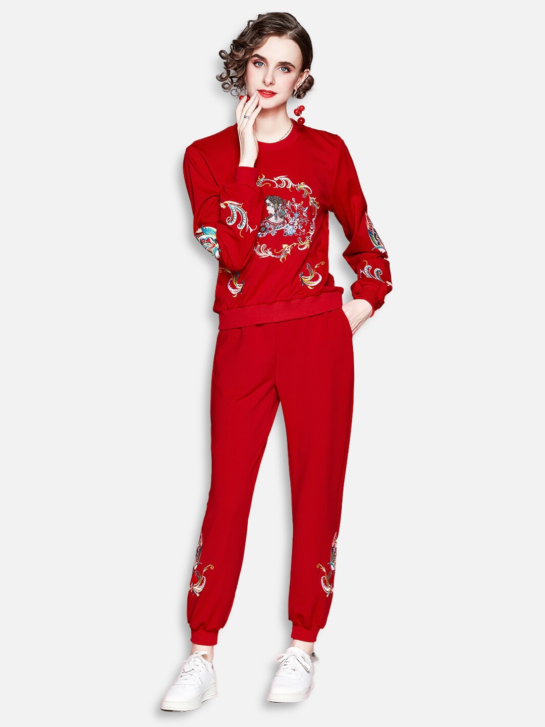 

JC Collection Women Red & White T-shirt with Joggers