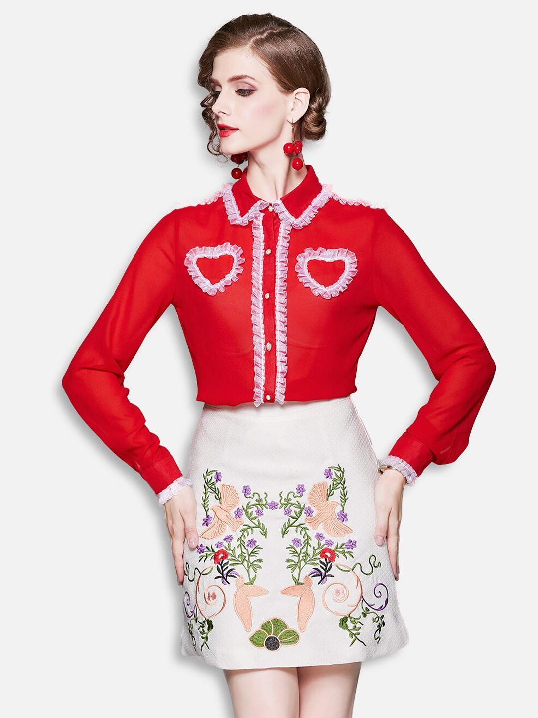 

JC Collection Women Red & White Printed Top with Skirt