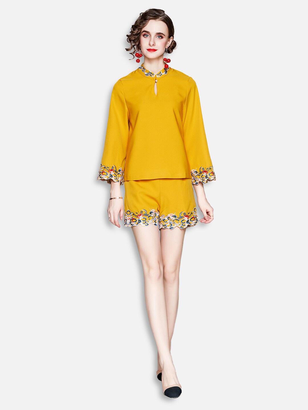 

JC Collection Women Yellow Embroidered Top with Shorts