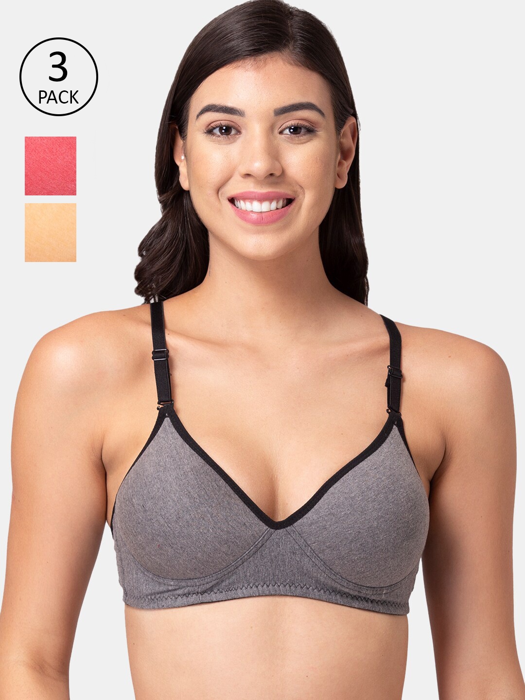 

Souminie Women Pack Of 3 Lightly Padded T Shirt Bra, Grey