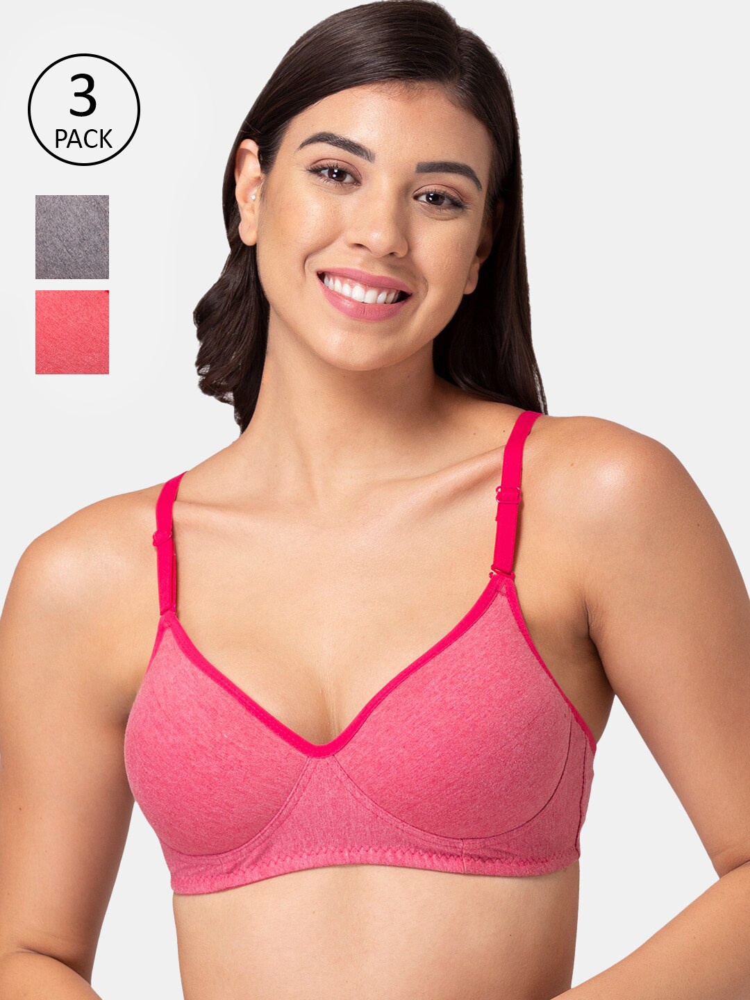 

Souminie Women Pack of 3 Pink ,Grey & Red Medium Padded T-Shirt Bra-ST-725-3PC-PK-GRY-RD