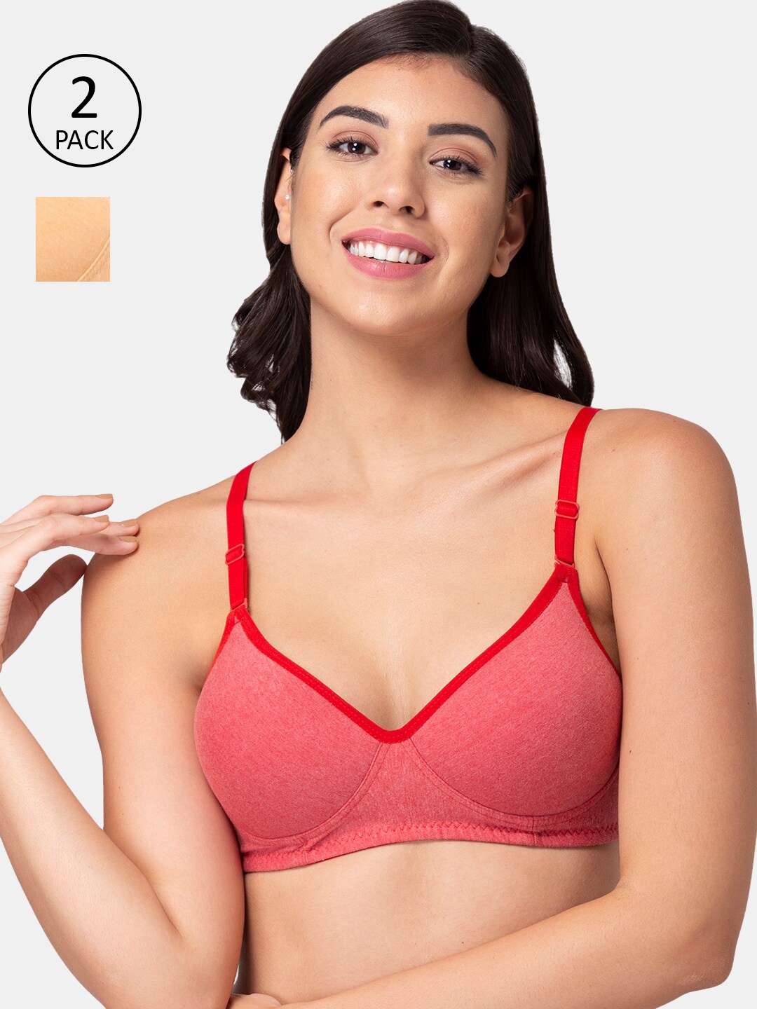 

Souminie Set-2 Red & Beige T-shirt Bra Lightly Padded