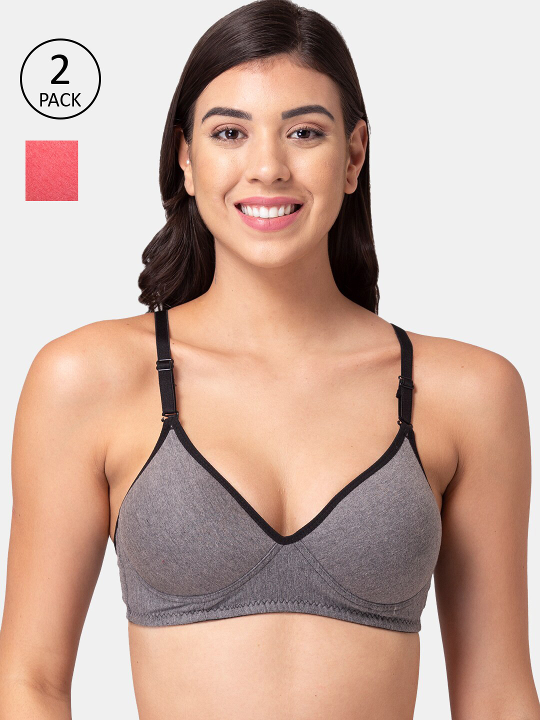 

Souminie Pack Of 2 Grey & Red T-shirt Bra Lightly Padded