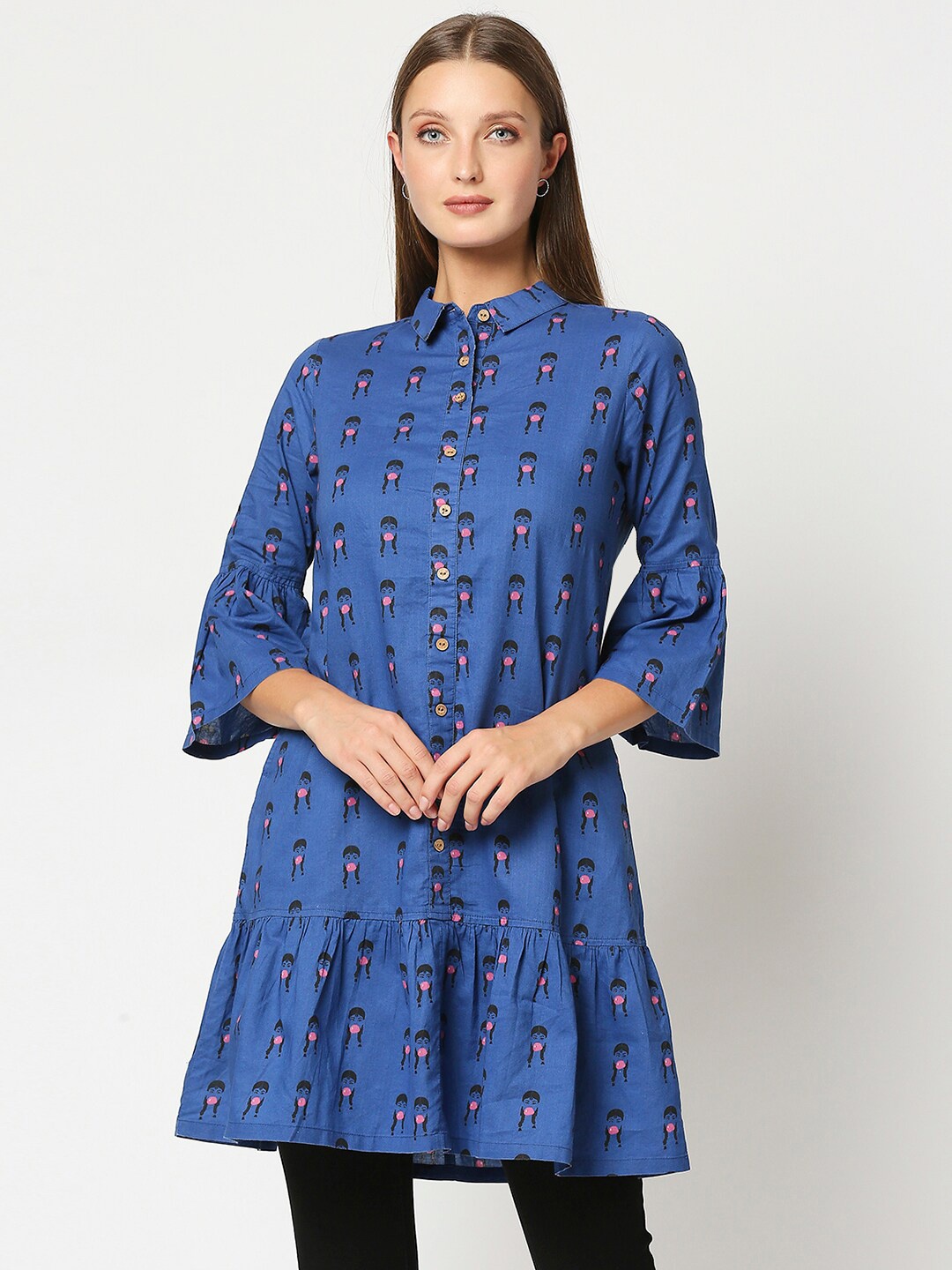 

Bewakoof Women Blue & Pink Printed Bell Sleeves Pure Cotton Kurta