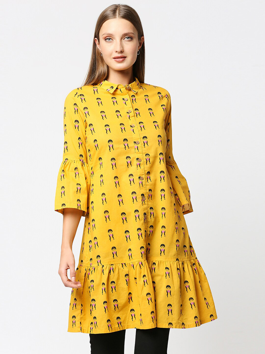 

Bewakoof Yellow Printed Shirt Collar Pure Cotton Kurti