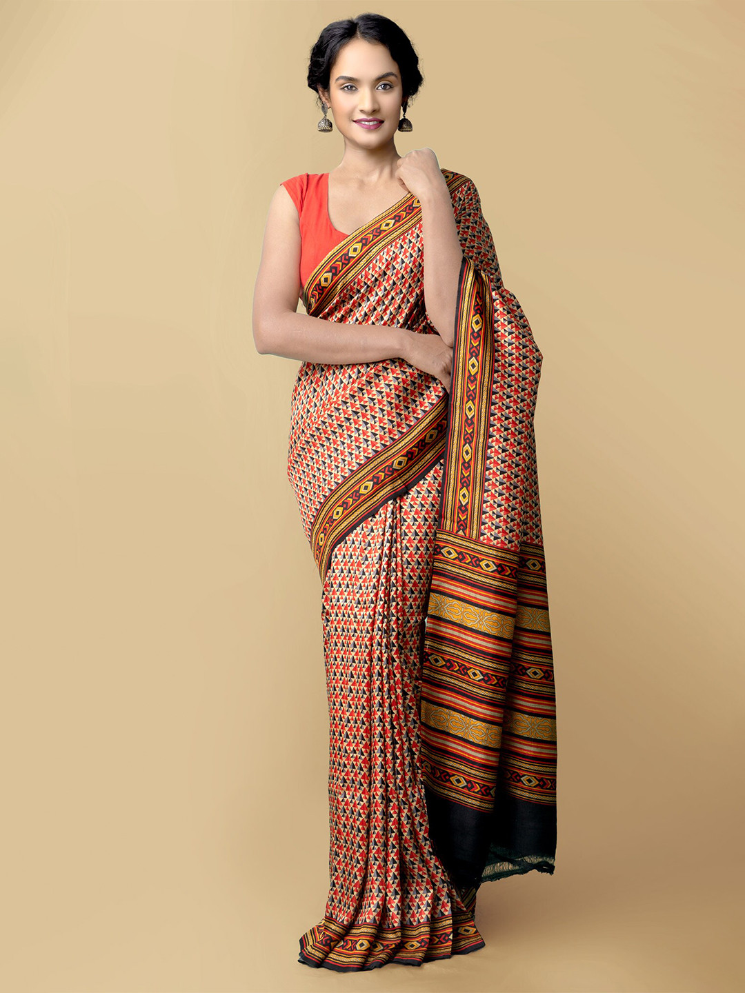 

Unnati Silks Women Orange & Blue Pure Handloom Bangalore Silk Sustainable Saree