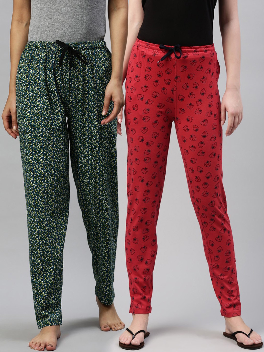 

Kryptic Women Pack Of 2 Printed Pure Cotton Lounge Pants, Red