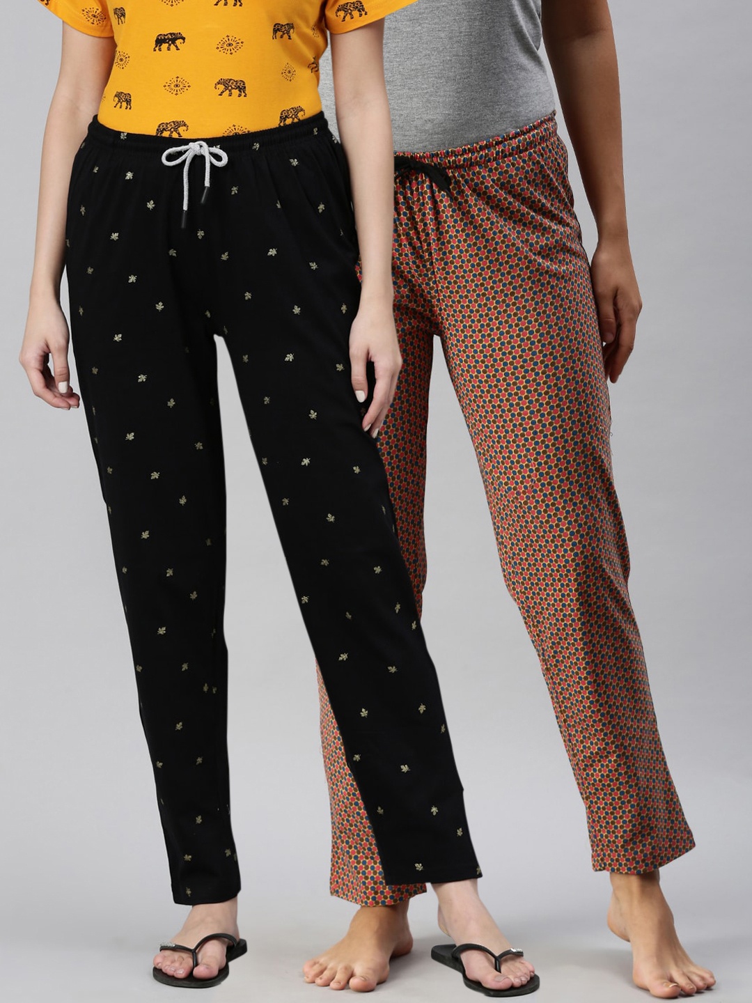 

Kryptic Women Pack Of 2 Printed Pure Cotton Lounge Pants, Mustard