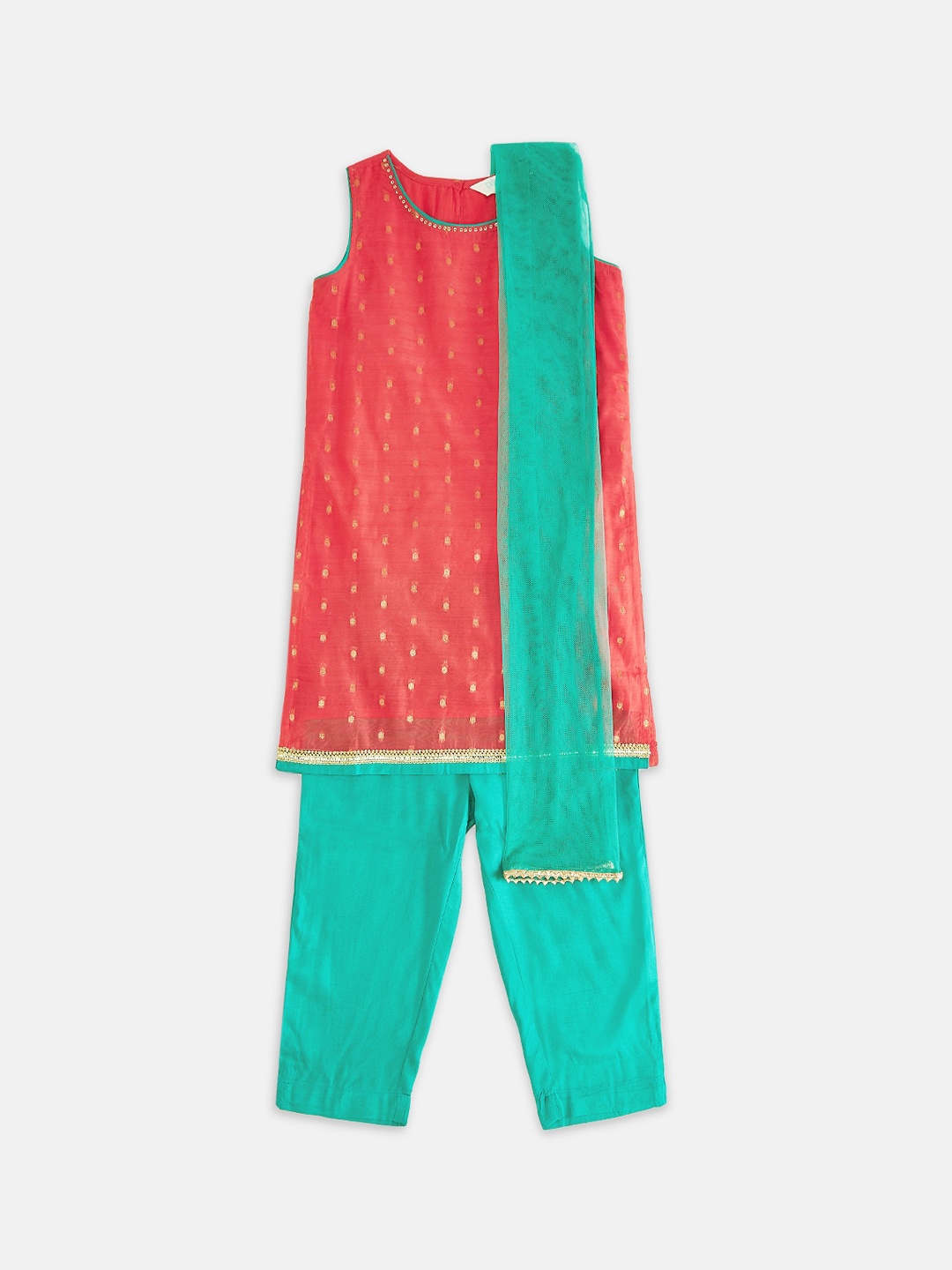 

AKKRITI BY PANTALOONS Girls Coral Ethnic Motifs Empire Kurti with Salwar & With Dupatta