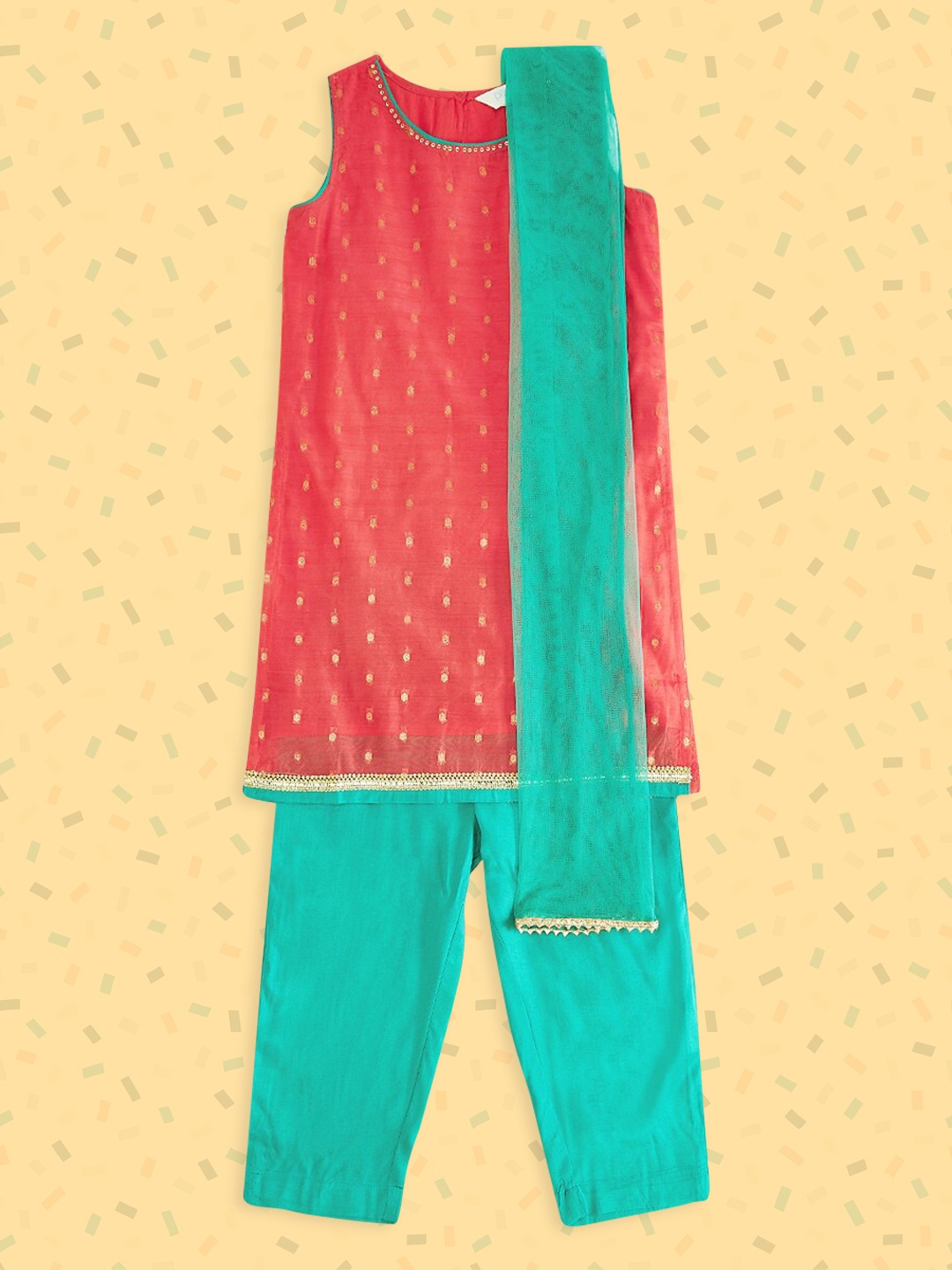 

AKKRITI BY PANTALOONS Girls Coral Ethnic Motifs Kurti with Salwar & With Dupatta