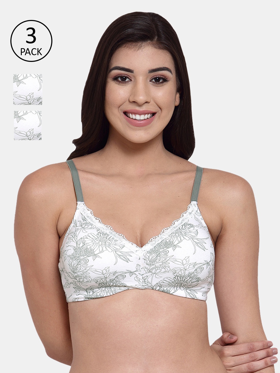 

Inner Sense Set-3 Green & White Floral Everyday Bra Lightly Padded