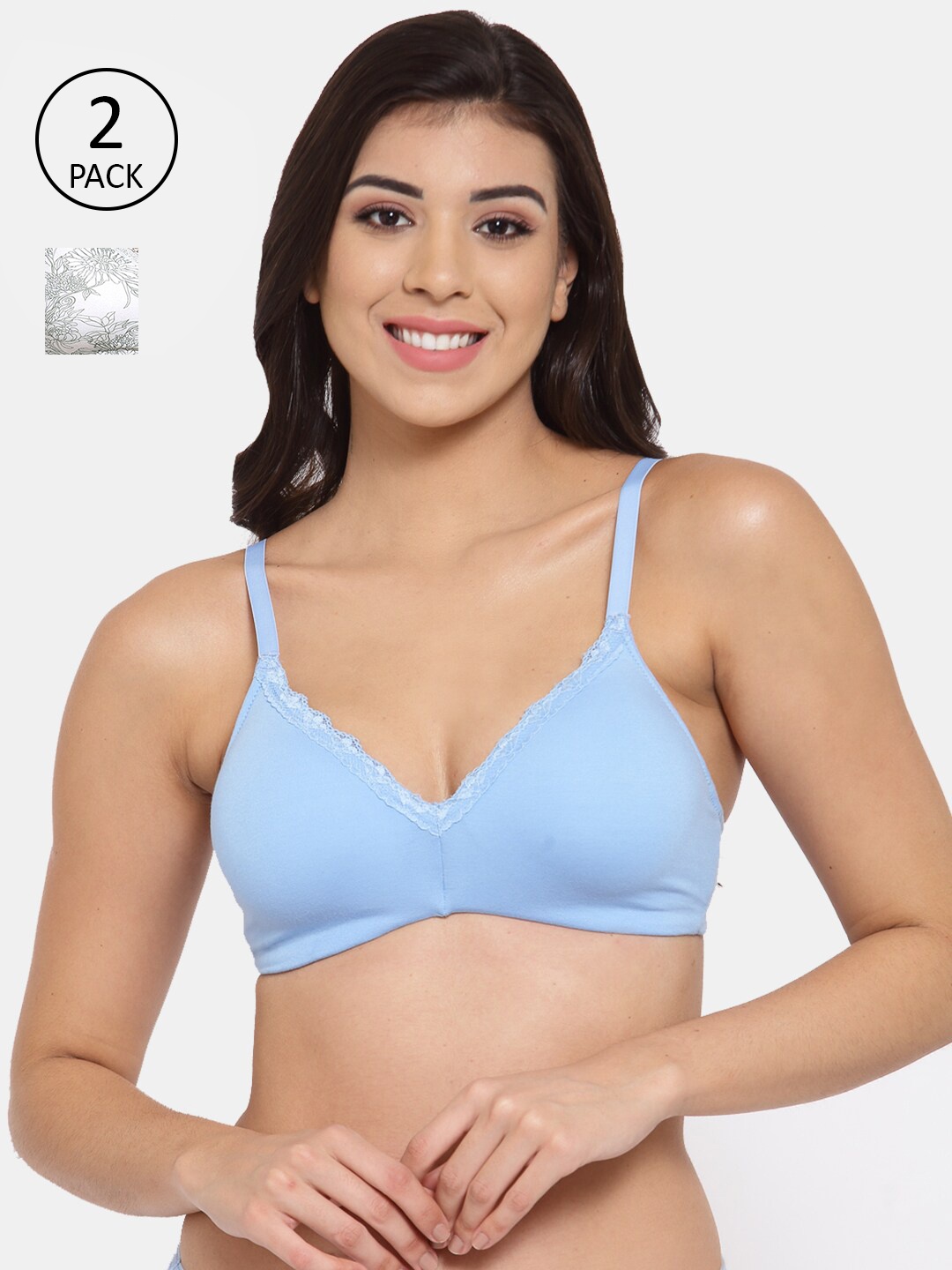 

Inner Sense Pack Of 2 Turquoise Blue & White Organic Cotton Antimicrobal Bras