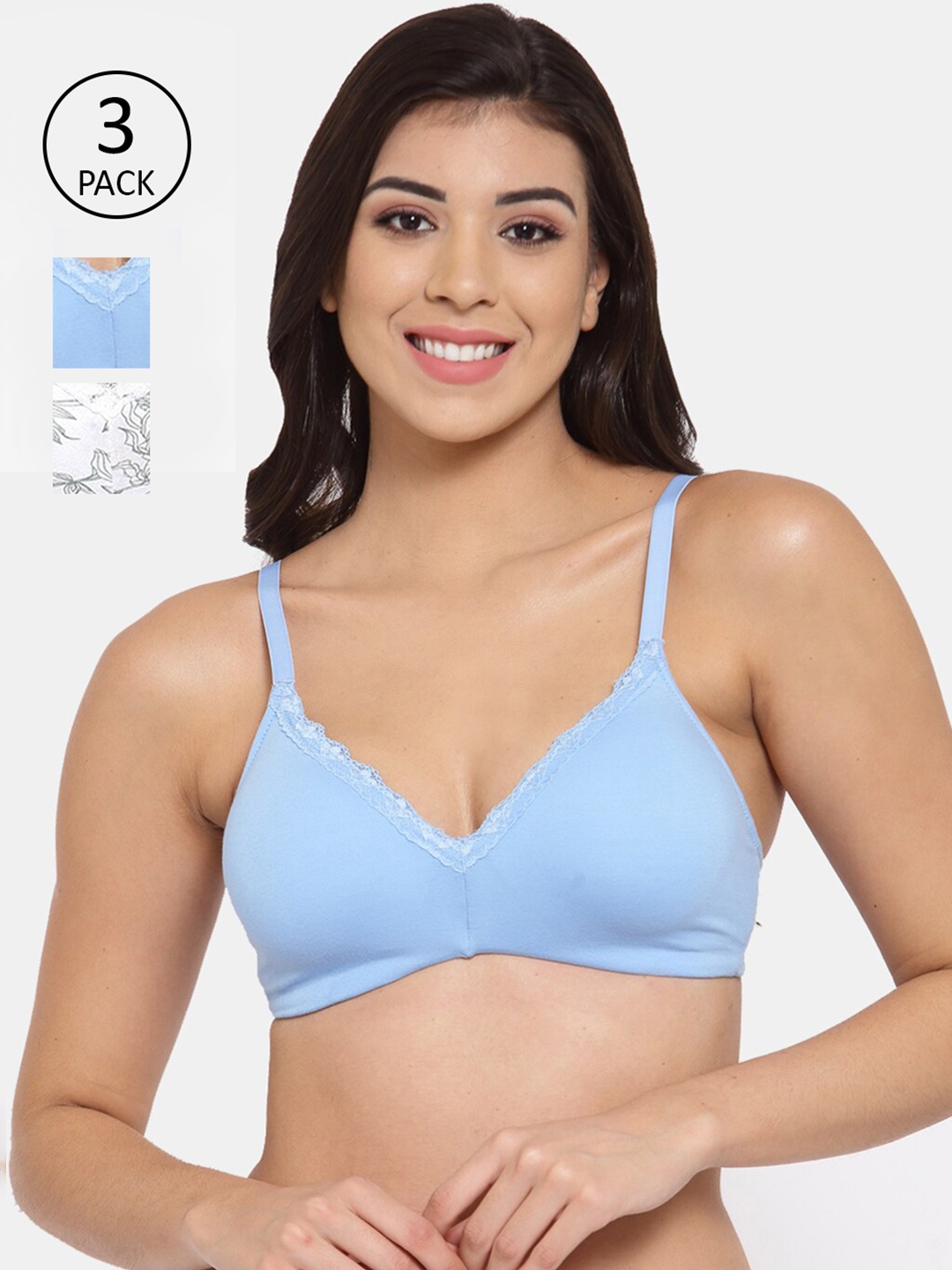 

Inner Sense Woman Pack of 3 Organic Cotton Bra-ISB105-Sky Blue_Sky Blue_Green Print-, White