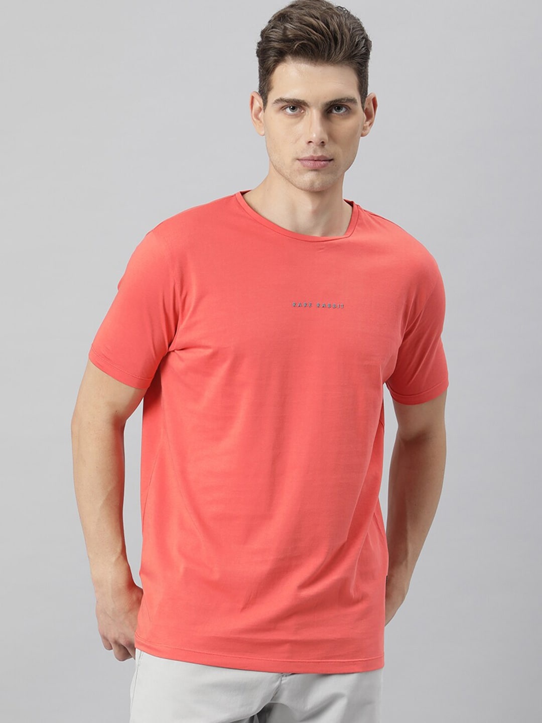 RARE RABBIT Men Rabbit-4 Brand Logo Printed Cotton Slim Fit T-Shirt, Coral