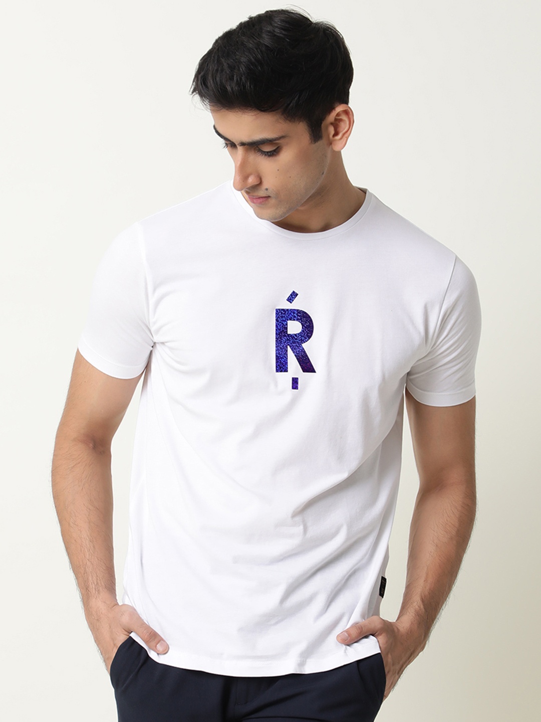 RARE RABBIT Men Khil Brand Logo Slim Fit T-Shirt, White