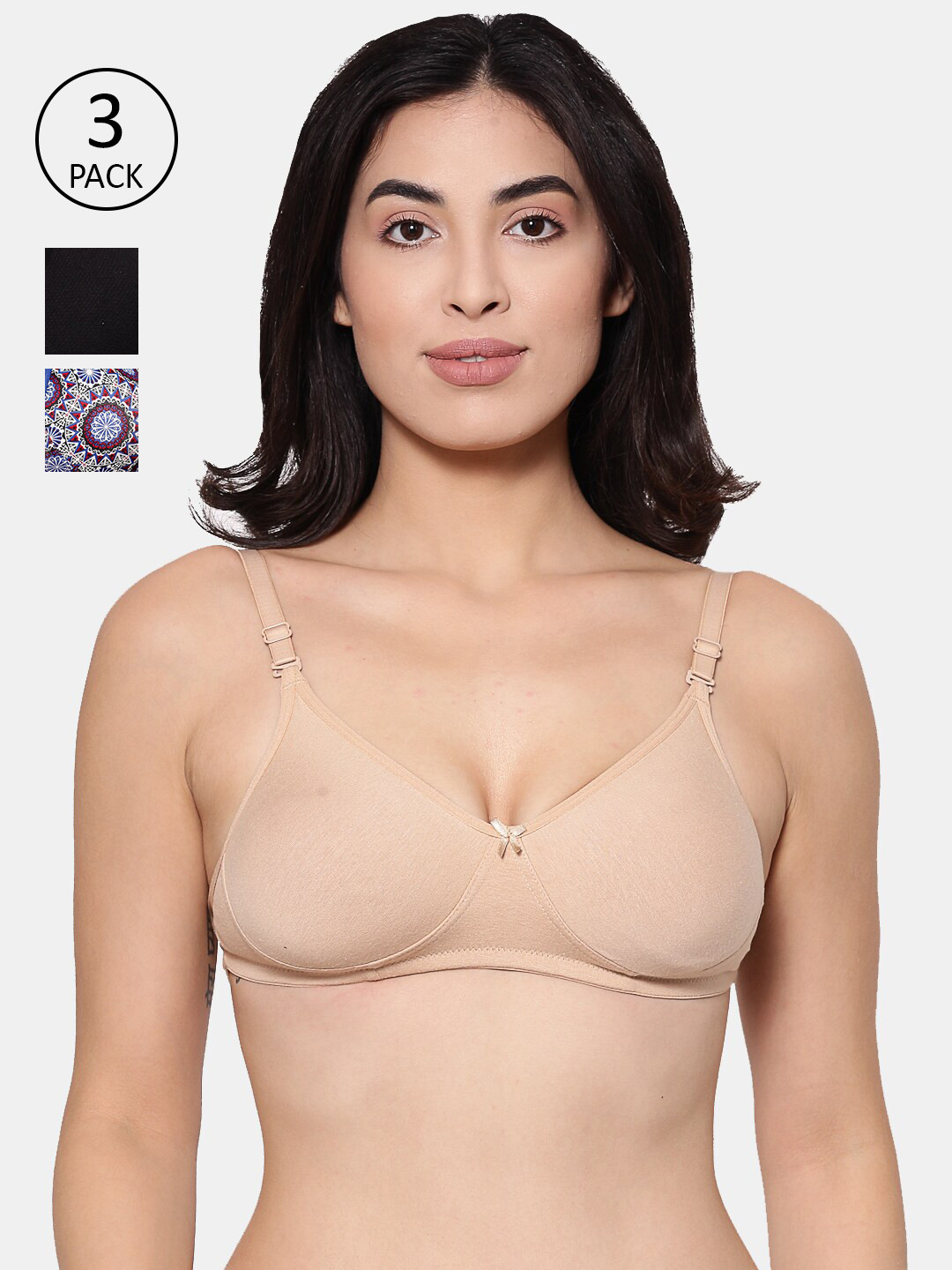

Inner Sense Pack Of 3 Black & Nude-Coloured Floral T-shirt Bra