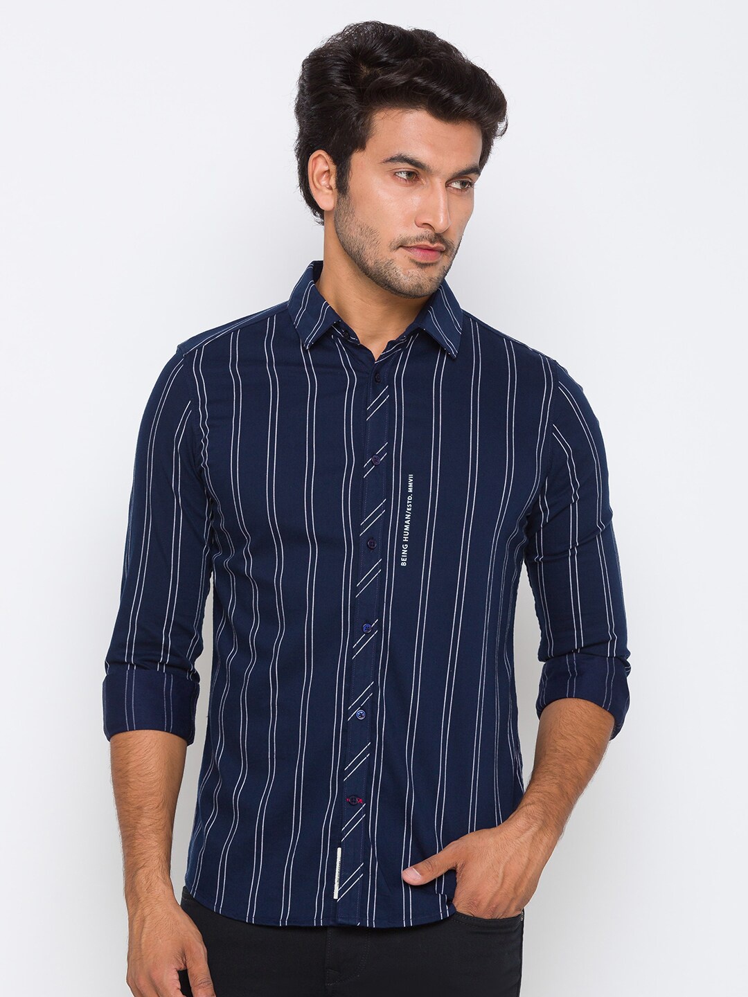 

Being Human Men Navy Blue Striped Slim Fit Casual Shirt