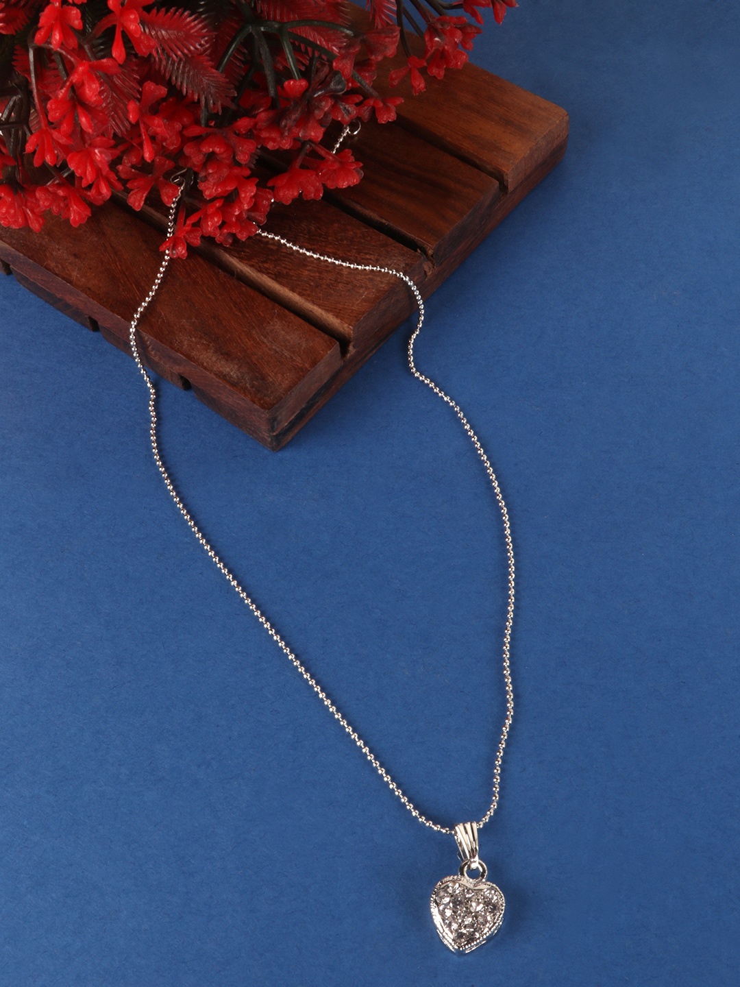 

PENNY JEWELS Rhodium-Plated Silver-Toned & White Stone Studded Pendant With Chain