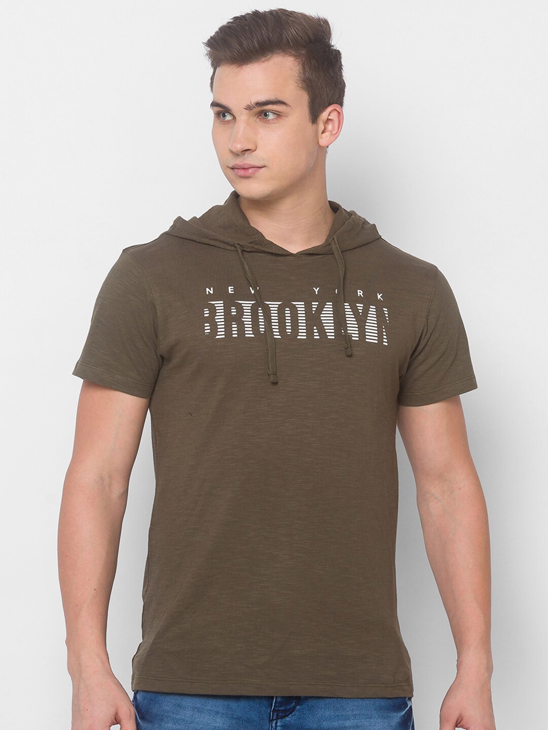 

Globus Men Olive Green Typography Applique T-shirt