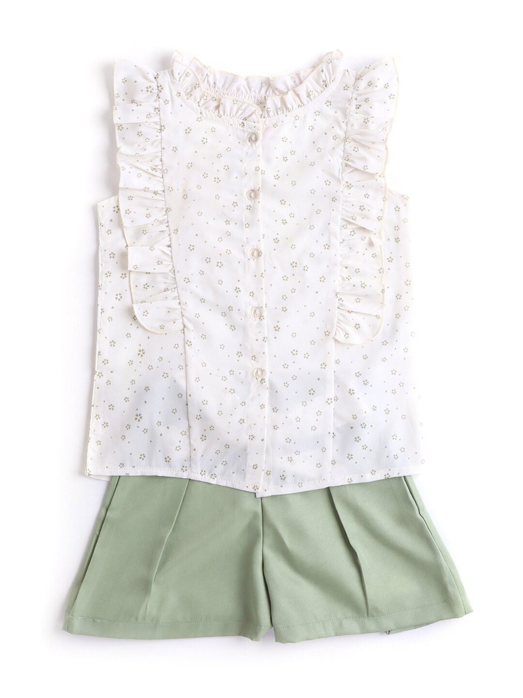 

Hopscotch Girls Green & White Wing Sleeves Printed Top and Shorts