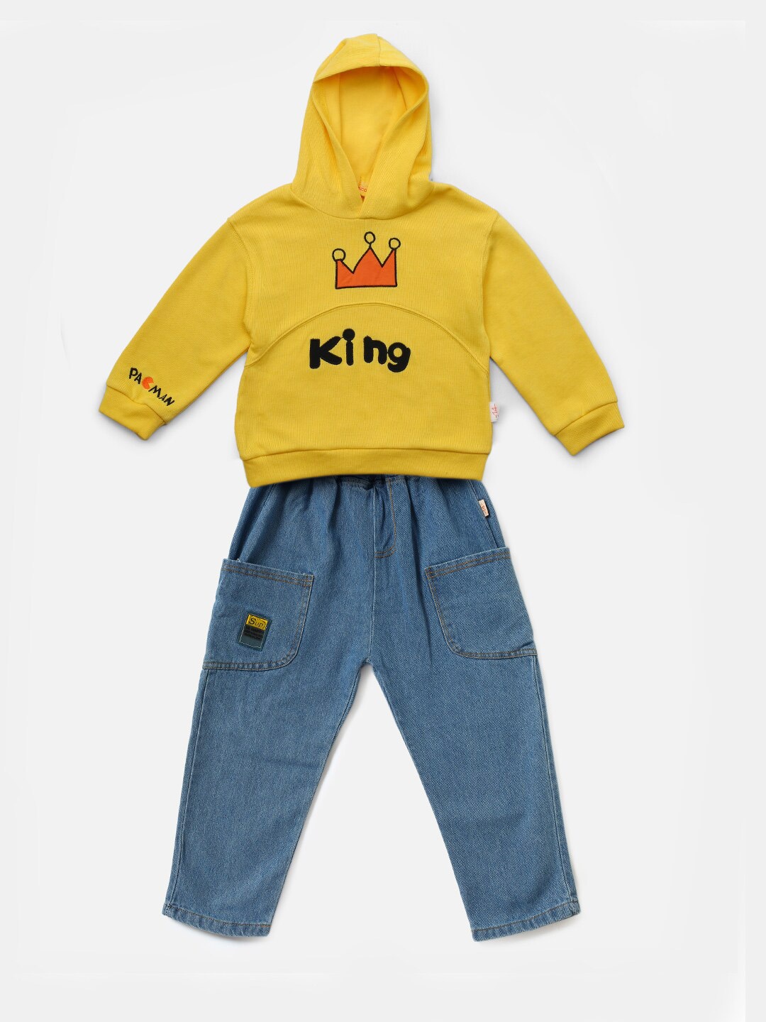 

Hopscotch Boys Yellow & Blue Printed Hooded Sweatshirt with Jeans Set