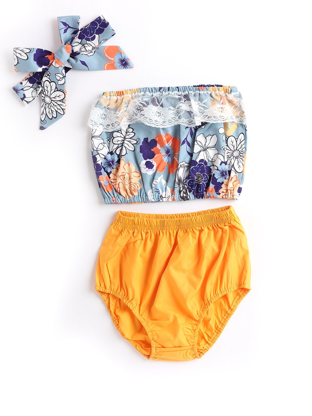 

Hopscotch Girls Yellow & Grey Printed Top with Shorts & Head band