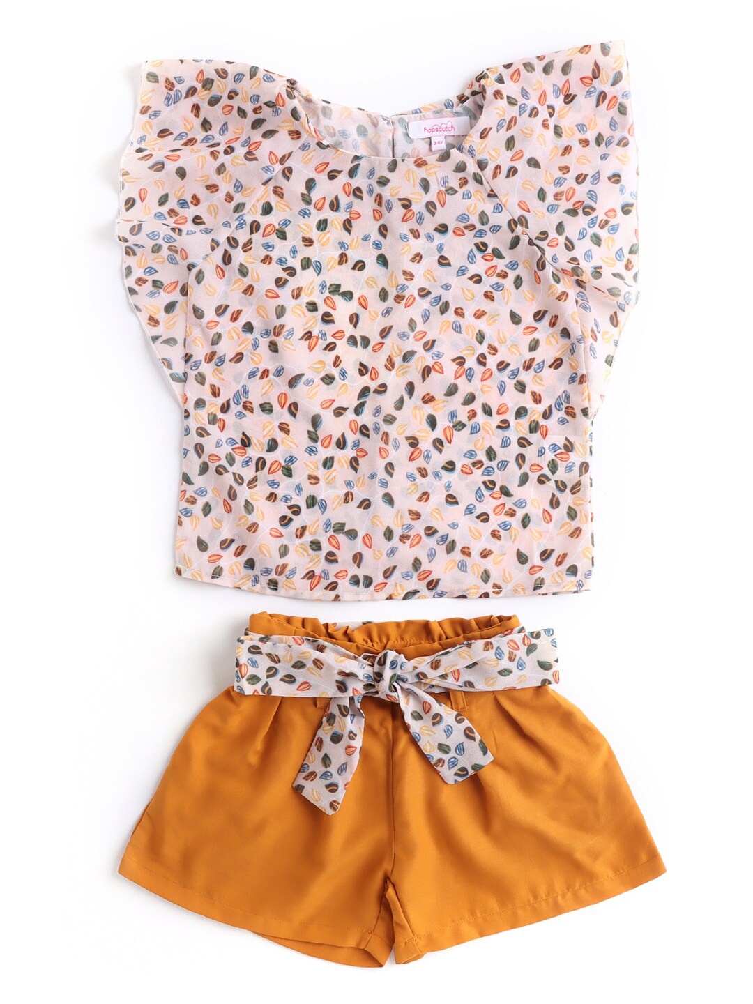 

Hopscotch Girls Yellow & Peach-Coloured Floral Printed Top With Shorts