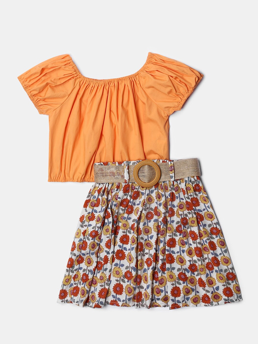 

Hopscotch Girls Orange & White Printed Top with Skirt