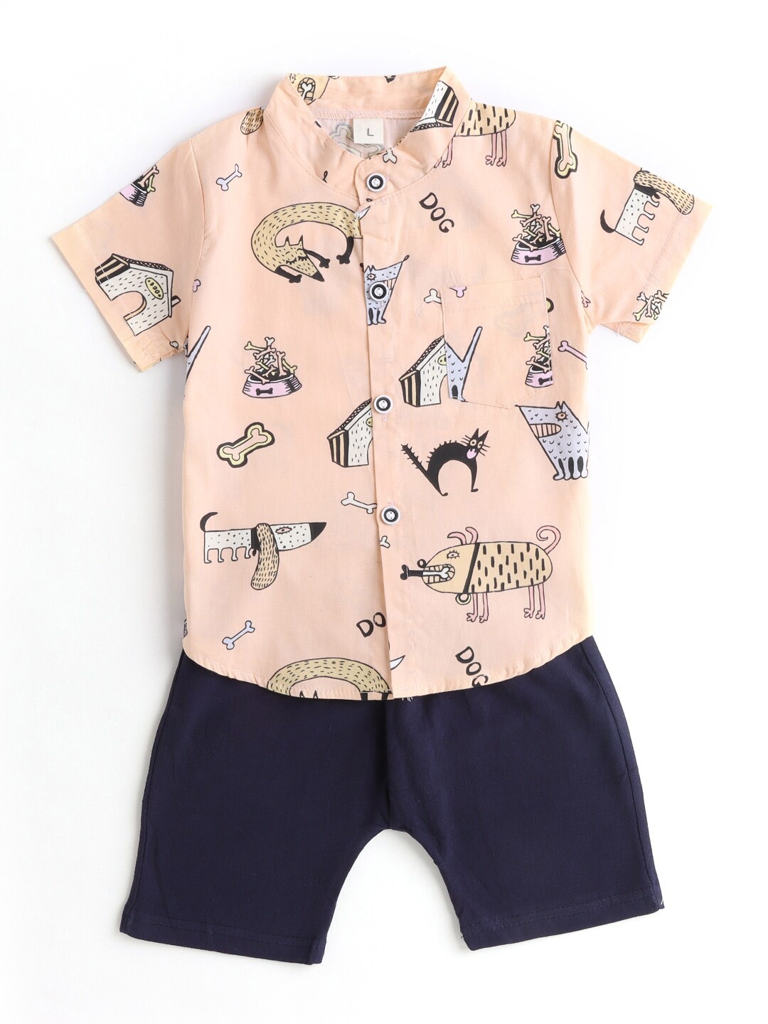 

Hopscotch Boys Peach-Coloured & Navy Blue Printed Shirt with Shorts