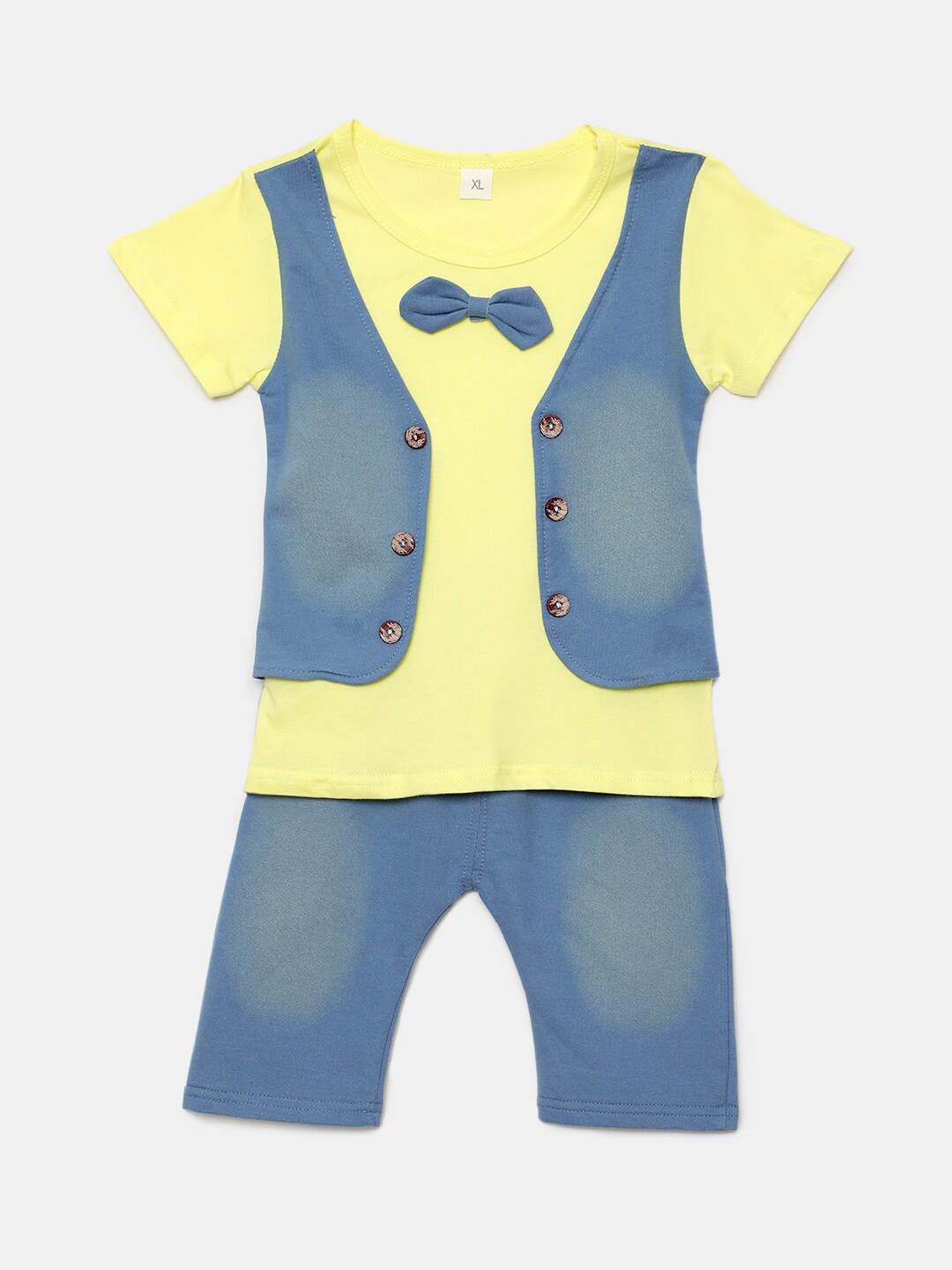 

Hopscotch Boys Yellow & Blue Waistcoat Style Bow Attached T-shirt With Shorts