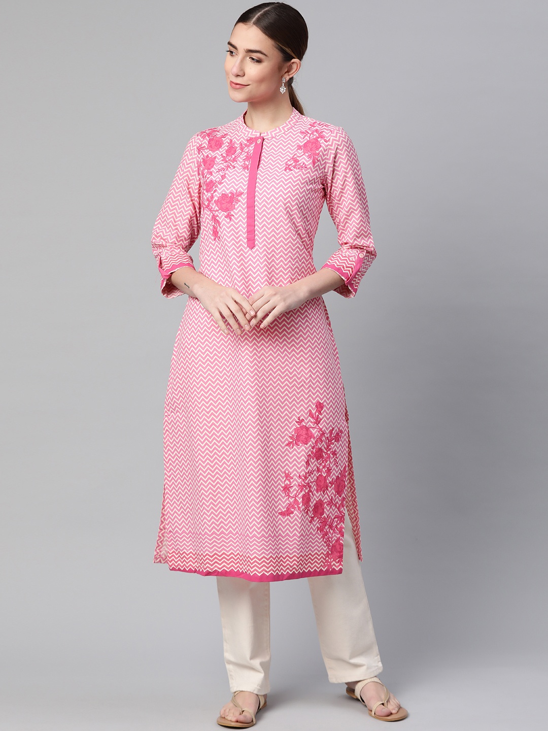 

Rangriti Women Pink Chevron Striped Thread Work Floral Kurta