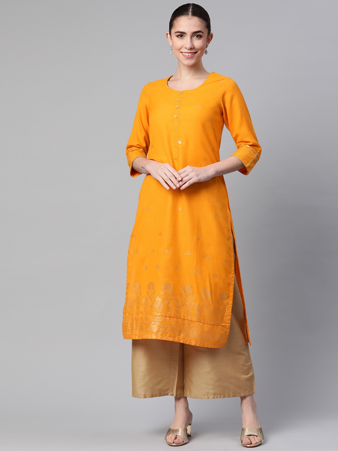 

Rangriti Women Mustard Yellow Woven Design Kurta