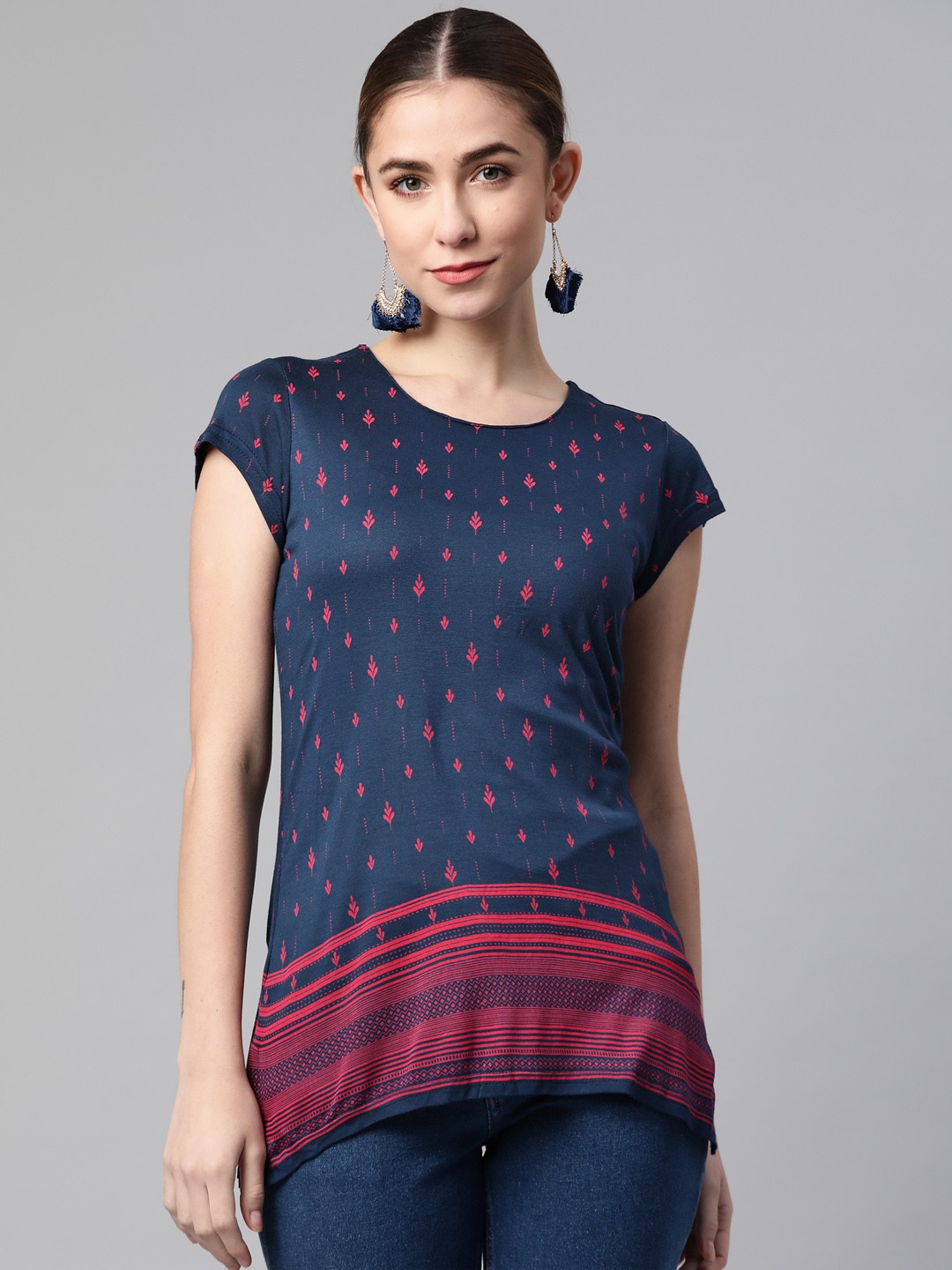

Rangriti Navy Blue & Red Ethnic Print Top
