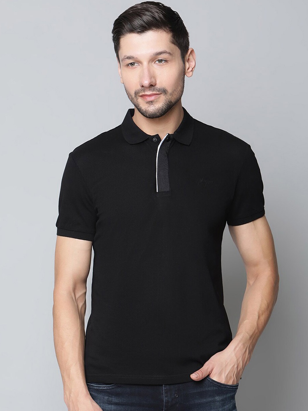 

Antony Morato Men Black Polo Collar Pockets Slim Fit T-shirt