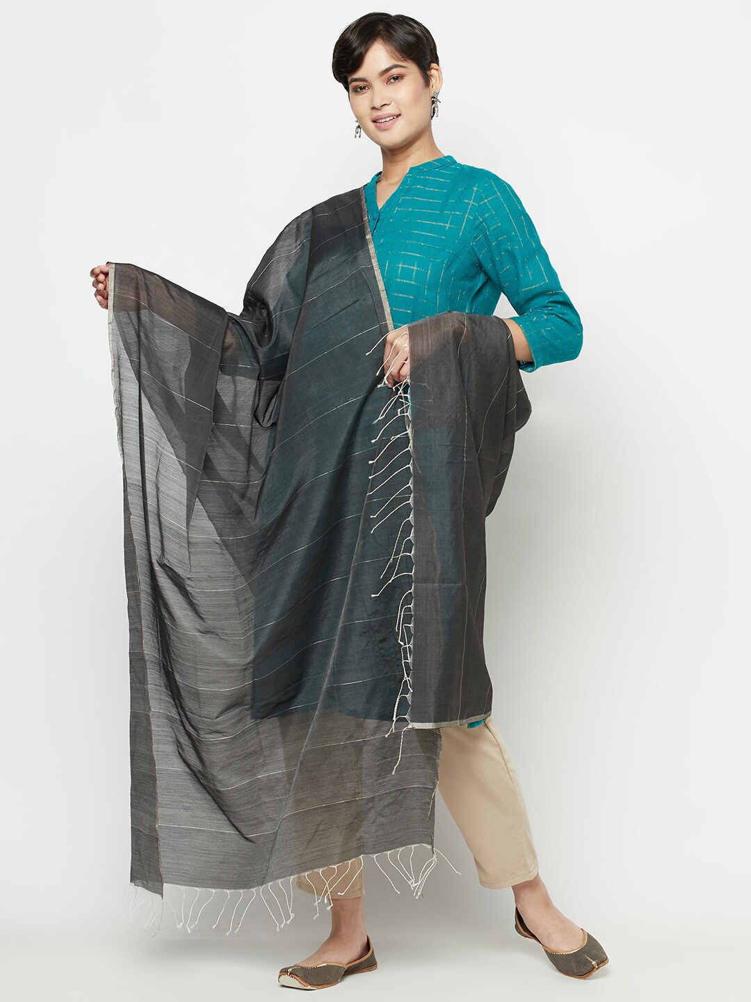 

Fabindia Grey & Gold-Toned Striped Cotton Silk Dupatta