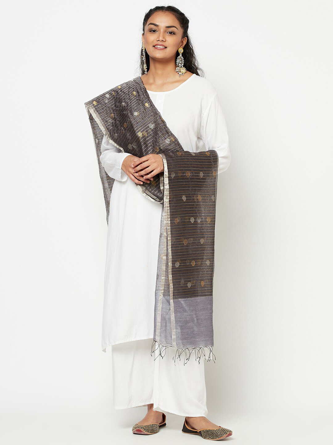 

Fabindia Grey & Gold-Toned Ethnic Motifs Printed Pure Silk Dupatta