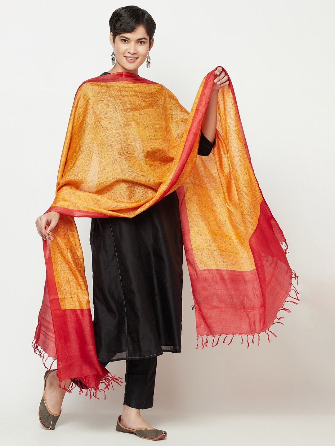 

Fabindia Orange & Red Printed Pure Silk Dupatta