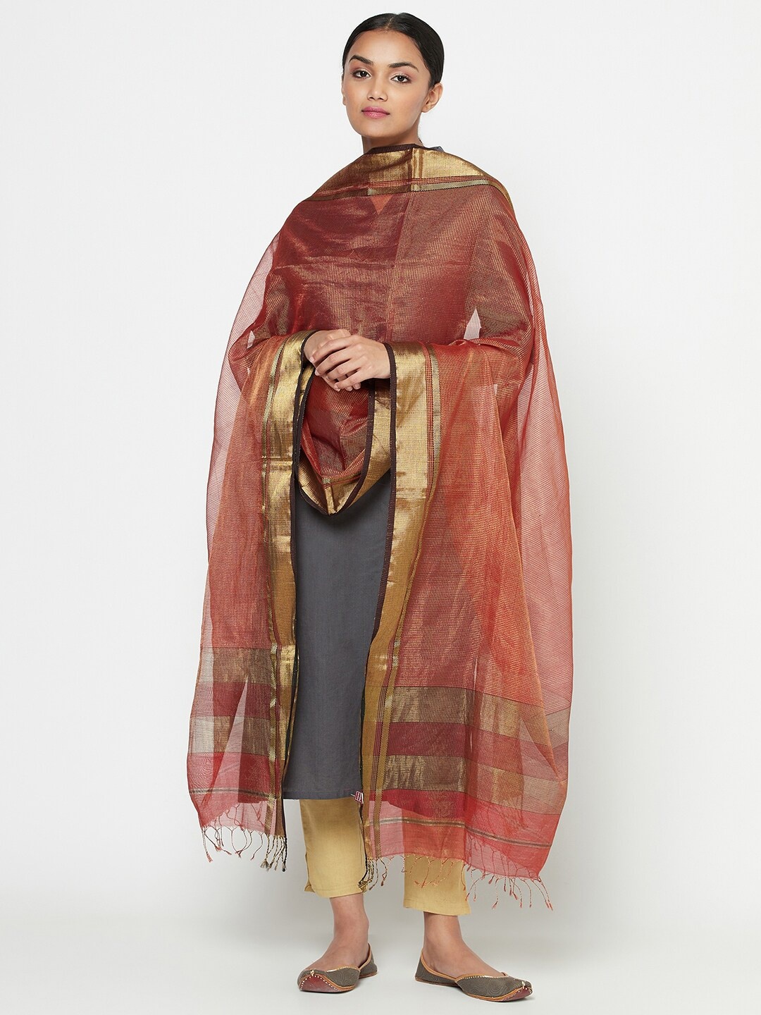 

Fabindia Maroon & Gold-Toned Woven Design Cotton Silk Dupatta