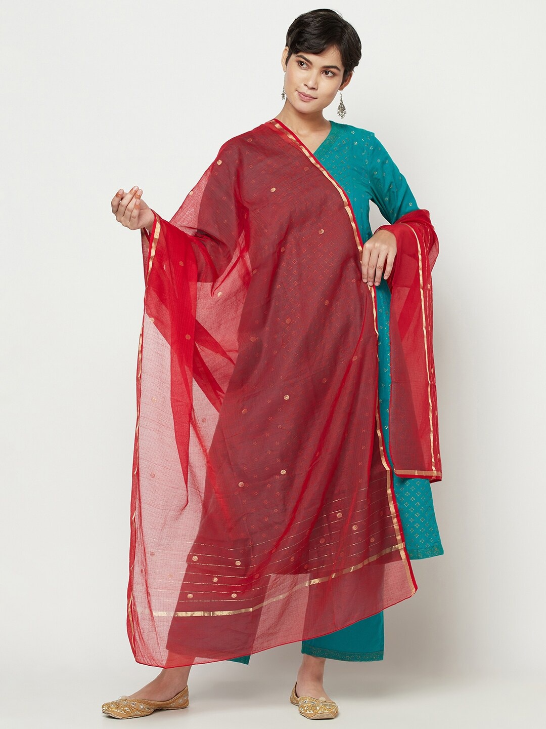 

Fabindia Woman Red & Gold-Toned Woven Design Cotton Silk Dupatta