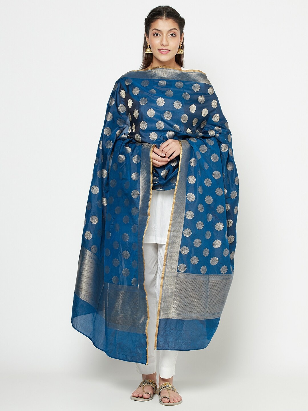 

Fabindia Blue & Gold-Toned Ethnic Motifs Woven Design Cotton Silk Dupatta