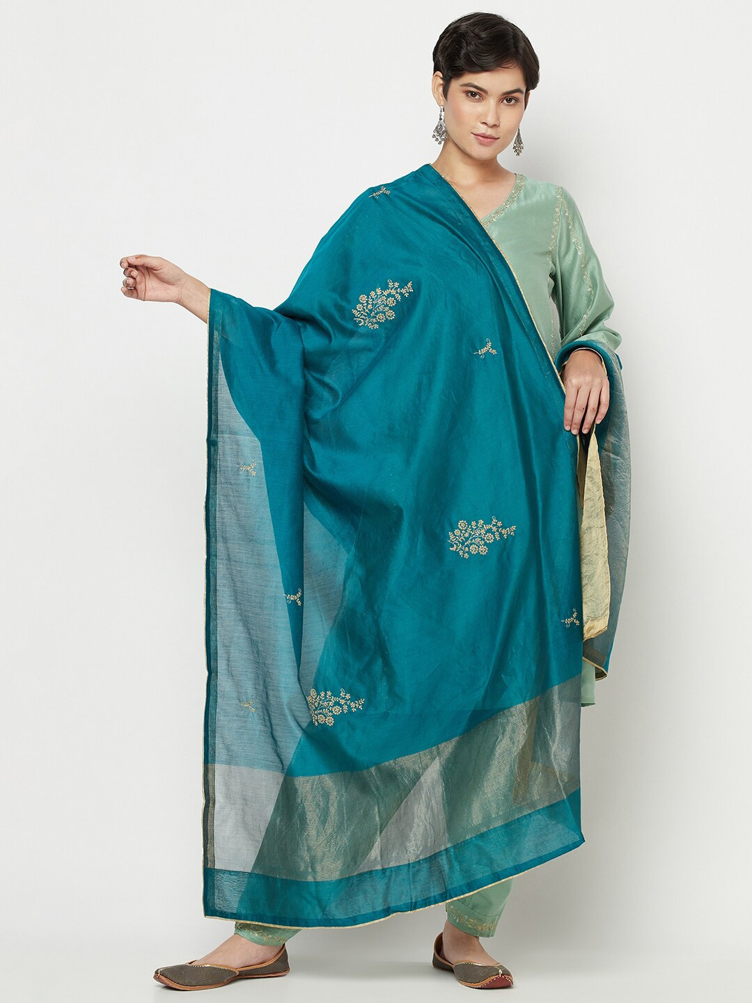 

Fabindia Teal Blue & Gold-Toned Embroidered Cotton Silk Dupatta