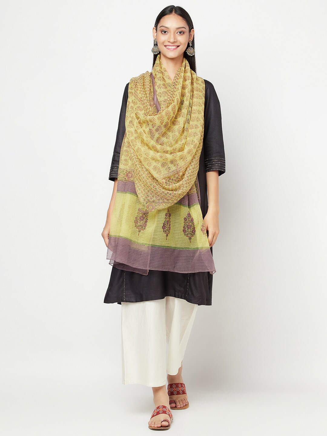 

Fabindia Yellow & Purple Printed Cotton Silk Dupatta