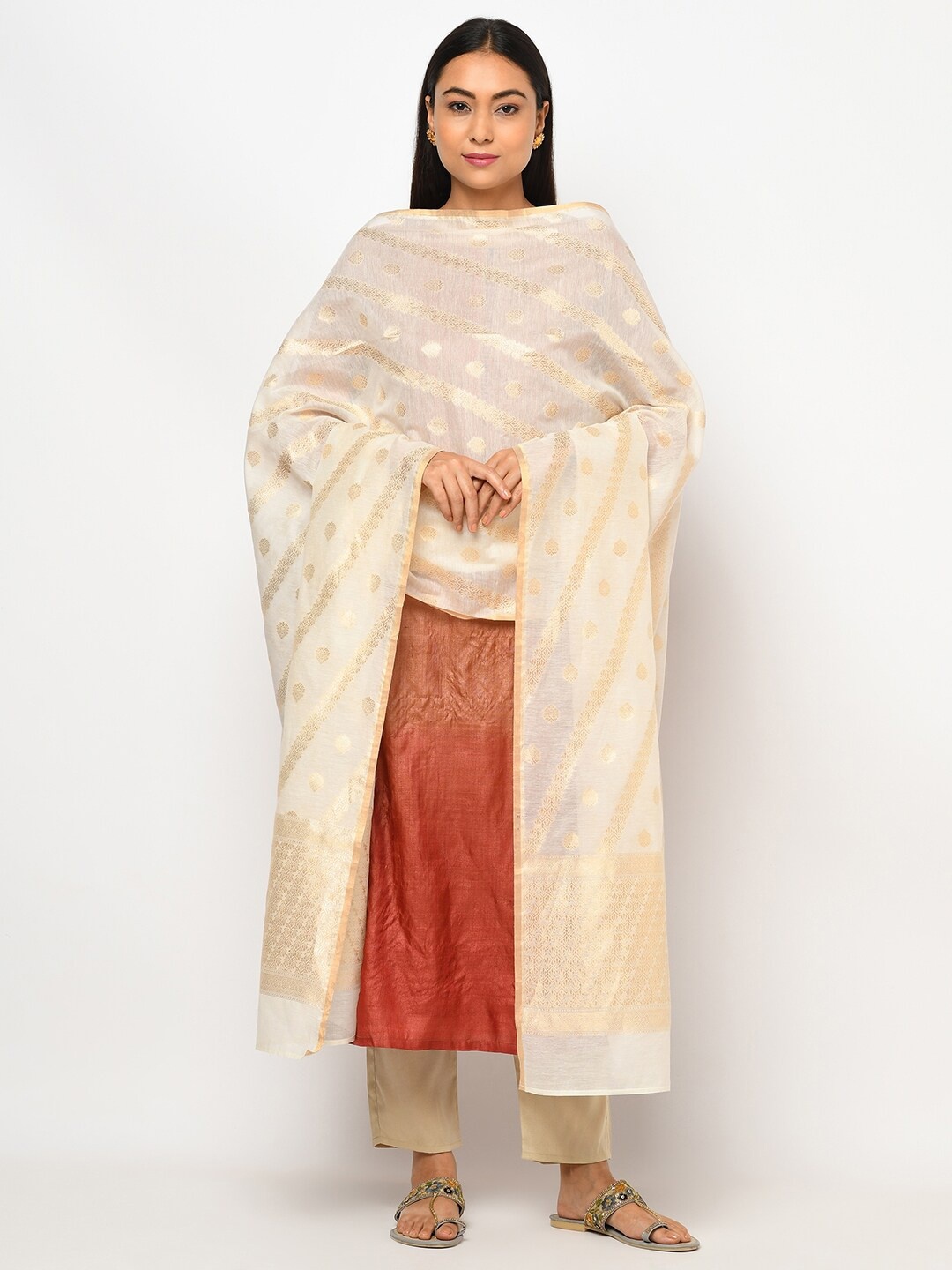 

Fabindia Women White & Gold-Toned Ethnic Motifs Woven Design Cotton Silk Dupatta