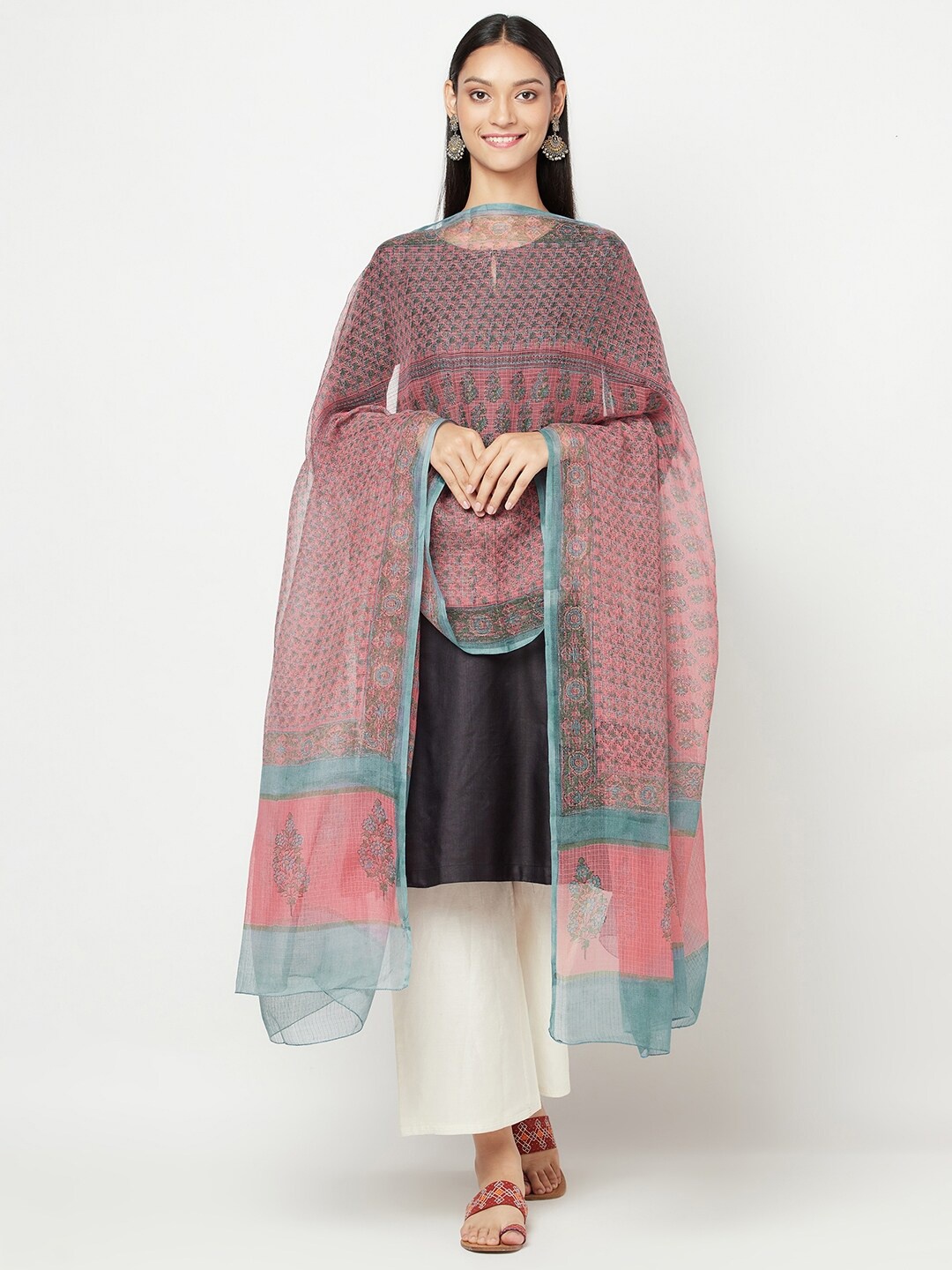 

Fabindia Magenta & Blue Ethnic Motifs Printed Cotton Silk Dupatta